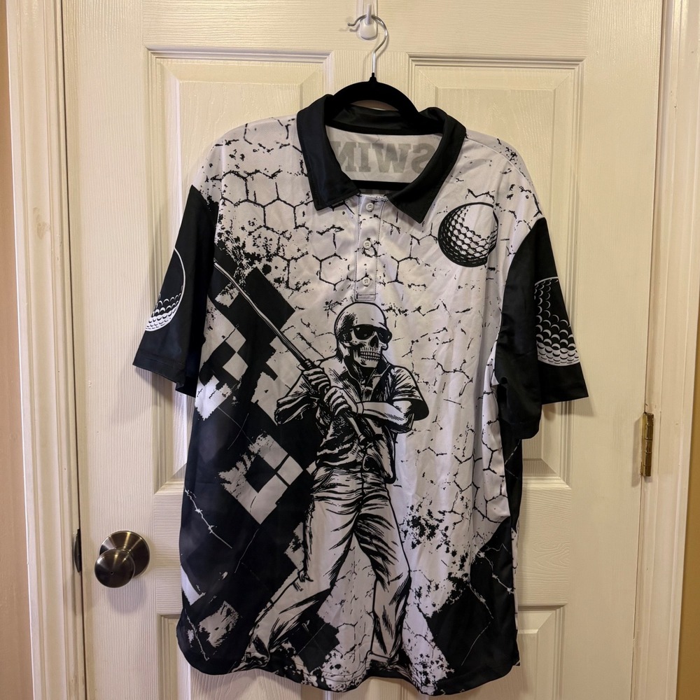 OUFISUN Mens 3XL Skeleton Golf Polo Shirt Black White Graphic Short Sleeve Tee - Picture 8 of 10